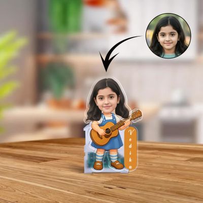 Personalized Girl Guitarist Bobblehead Caricature for Tabletop Decor Custom Photo Cutout with Name Gift for Girls, Daughter, Musicians and Guitar Lovers Battery Powered Moving Head